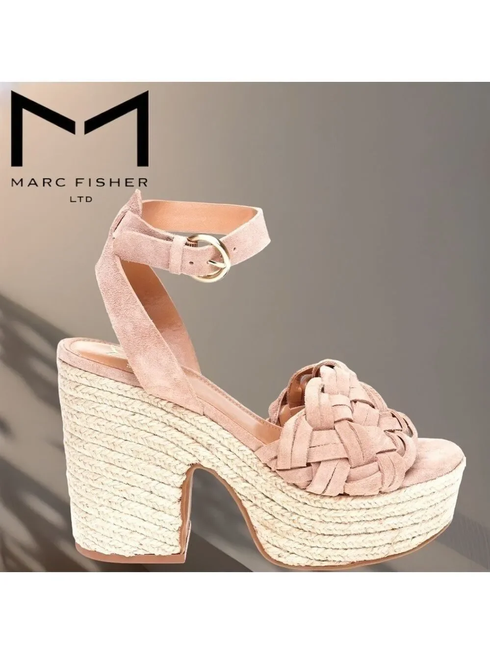 MARC FISHER Odilia Leather Upper Jute-Wrapped Platform Espadrille Wedge Sandals